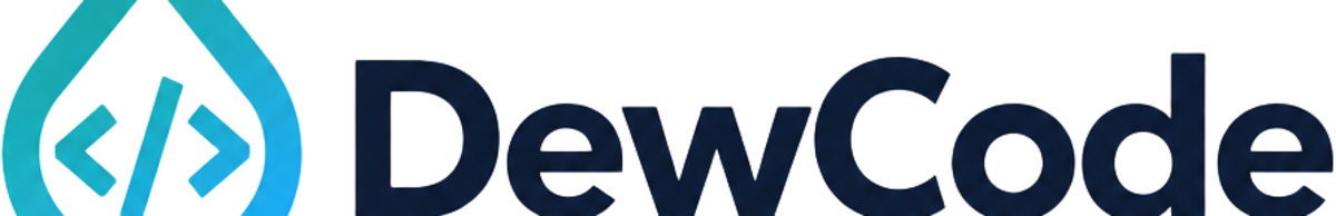 DewCode logo — a dewdrop formed from code brackets beside the DewCode name